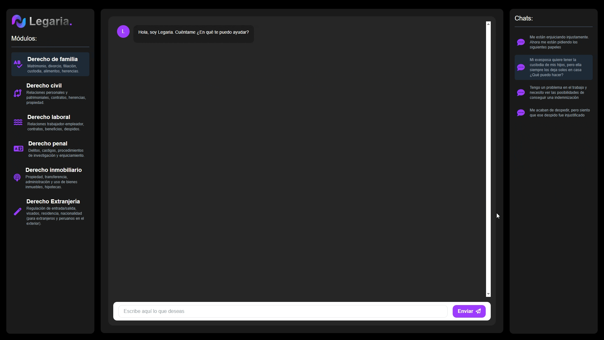 Demostración de chat con IA de Legaria